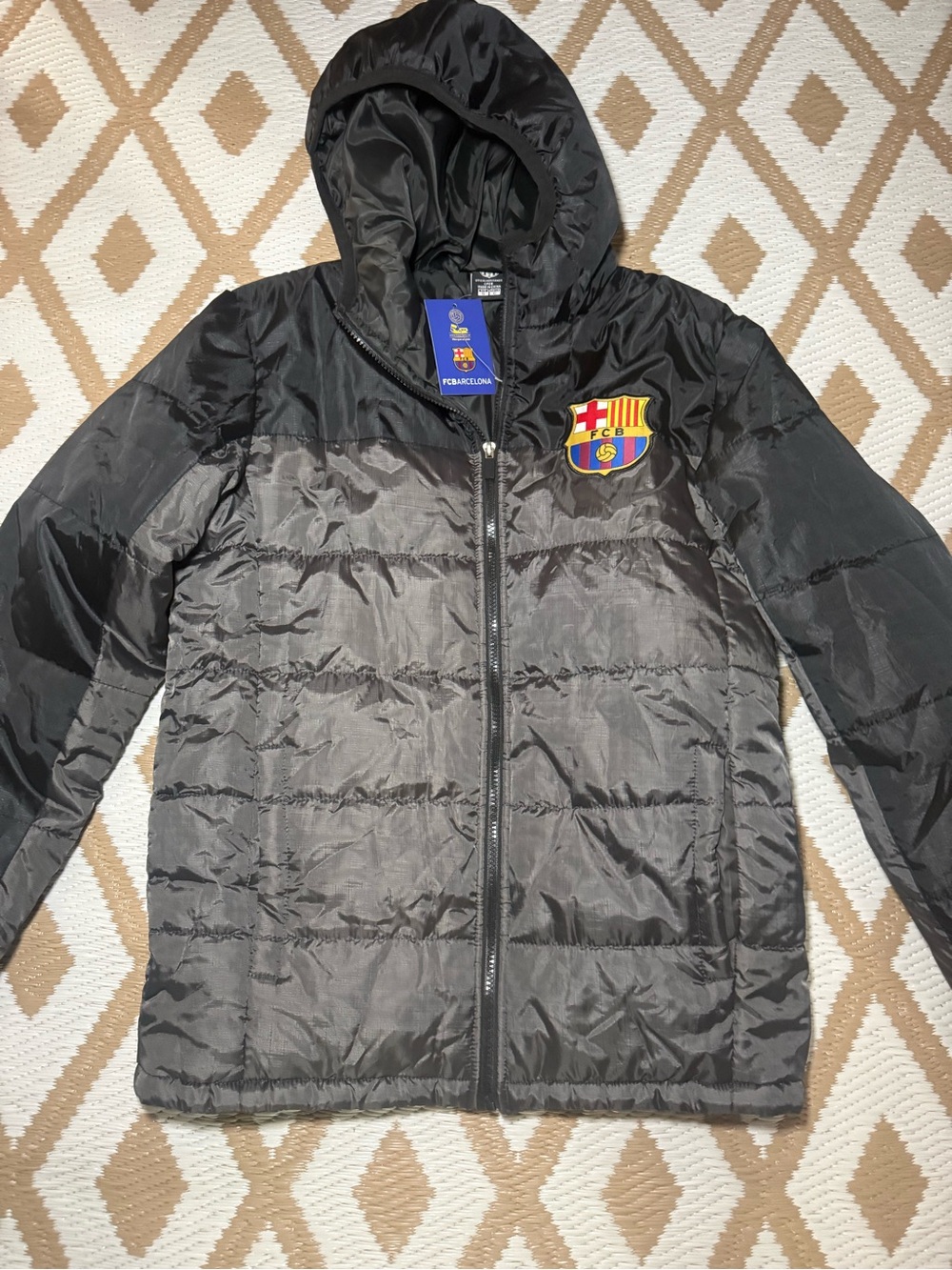 Rhinox FC Barcelona Soccer Hooded
Puffer Jacket Black/Gray Size S Official